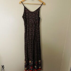 Dark Boho Maxi Floral Strap Dress Black Smocked Multicolor Whimsygoth Size L